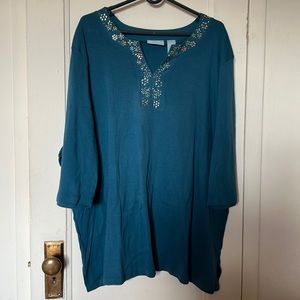 2 for $15 / Liz & Me Turquoise 3/4 Sleeve Top w/Tri-Color Embellishments